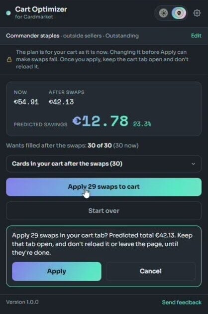 The extension's panel: €54.91 now, €42.13 after the swaps, a predicted saving of €12.78 (23.3%), with all 30 wants still filled